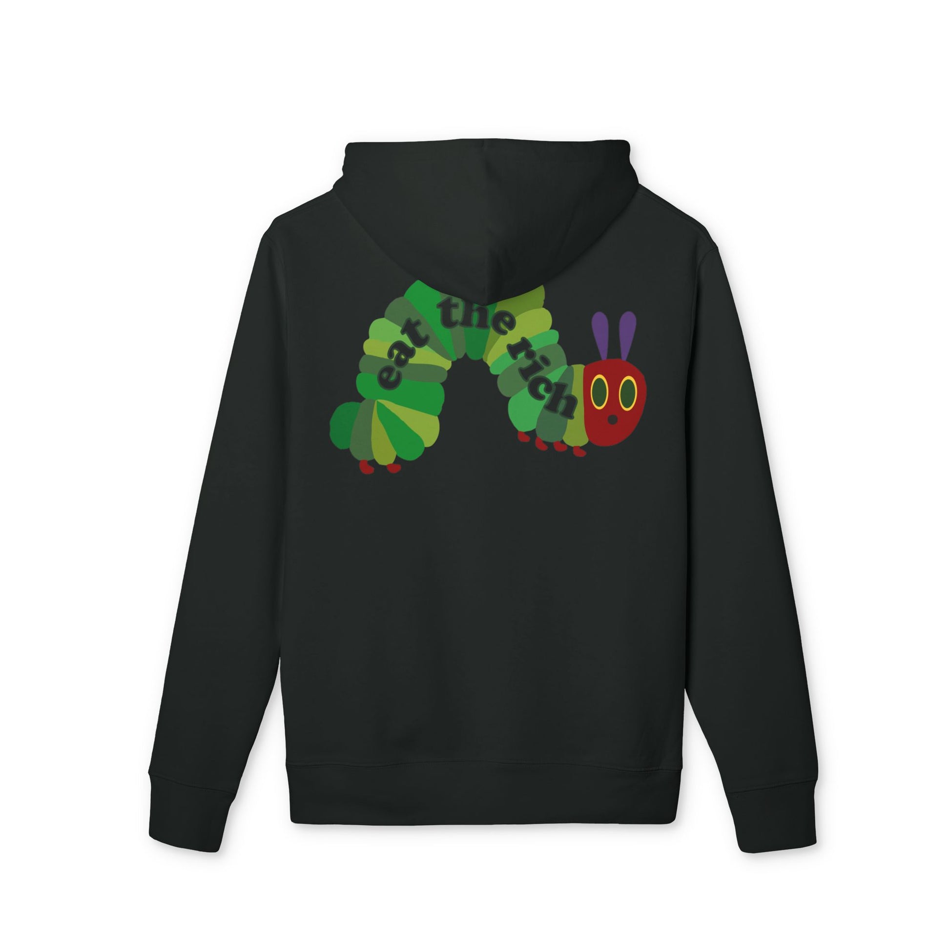 Eat The Rich Raupe – Bio Unisex Hoodie Backprint Schwarz