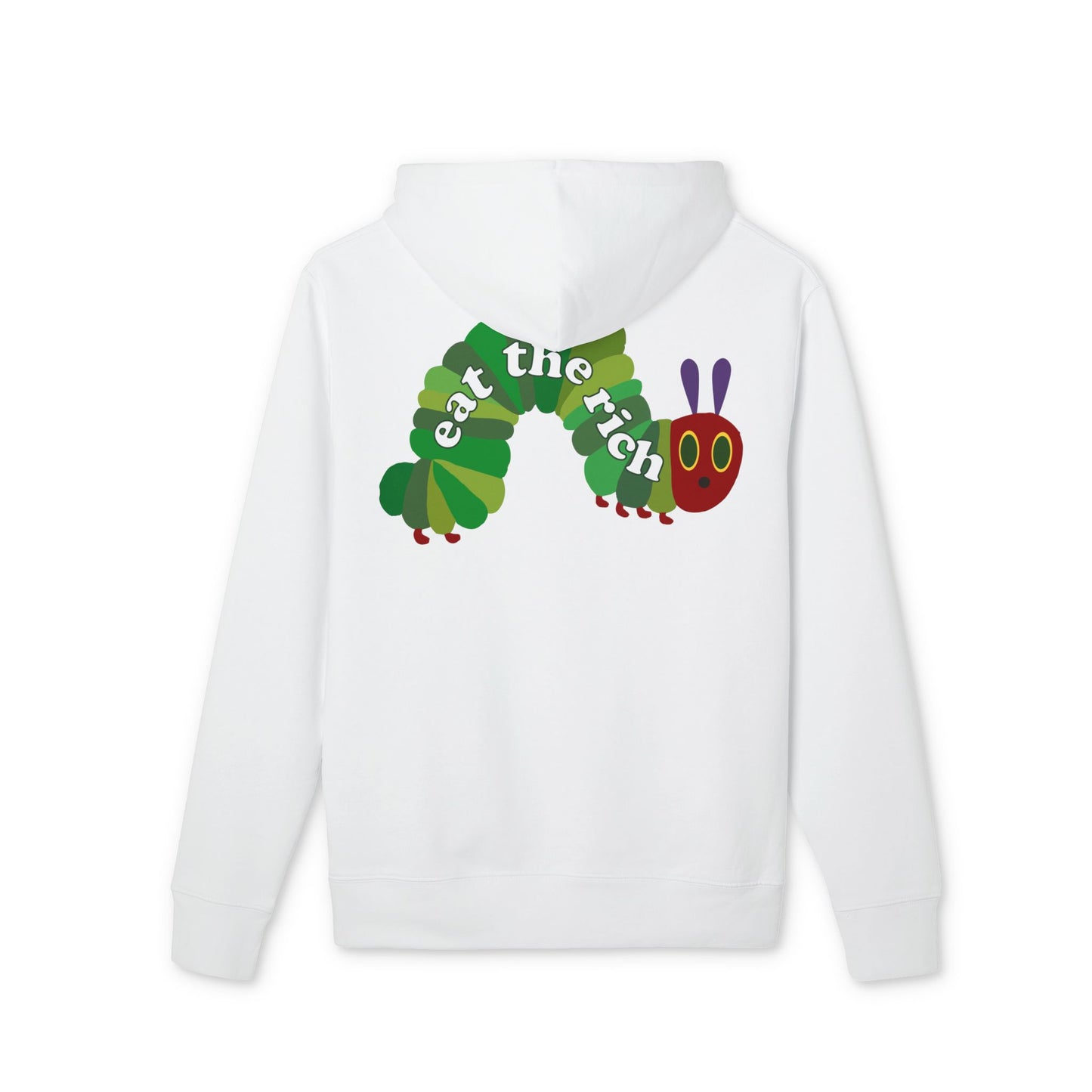 Eat The Rich Raupe – Bio Unisex Hoodie Backprint Weiß