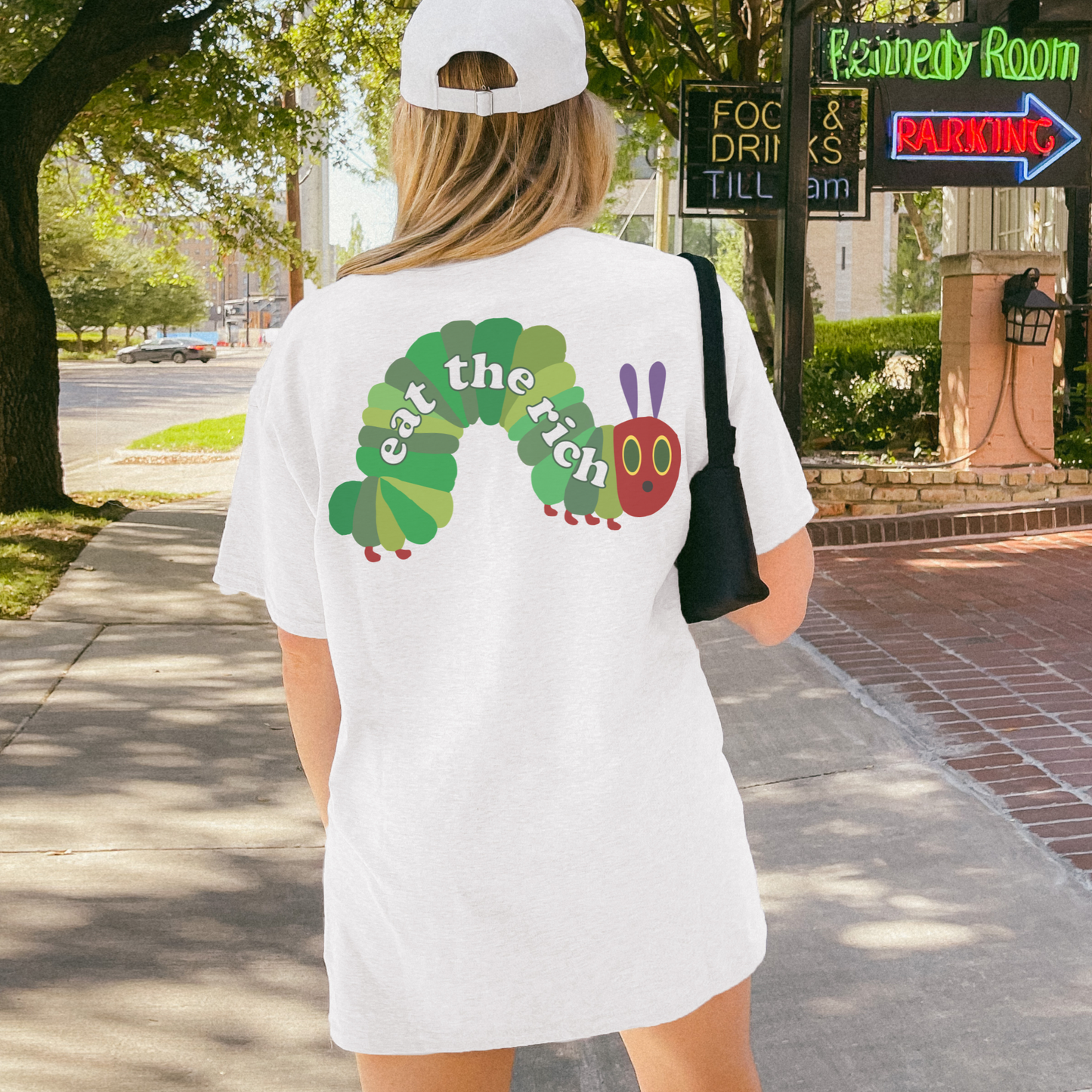 Eat The Rich Raupe – Bio Unisex T-Shirt Backprint weiß