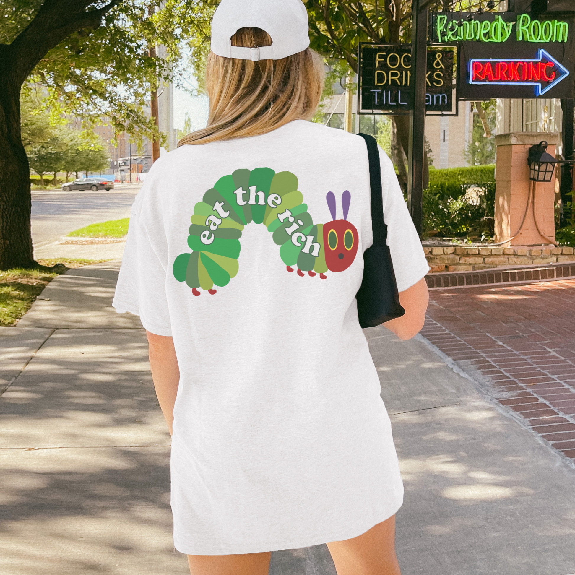 Eat The Rich Raupe – Bio Unisex T-Shirt Backprint weiß