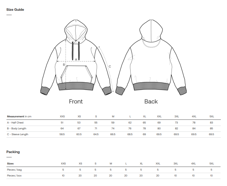 Eat The Rich Raupe – Bio Unisex Hoodie Backprint Size Chart